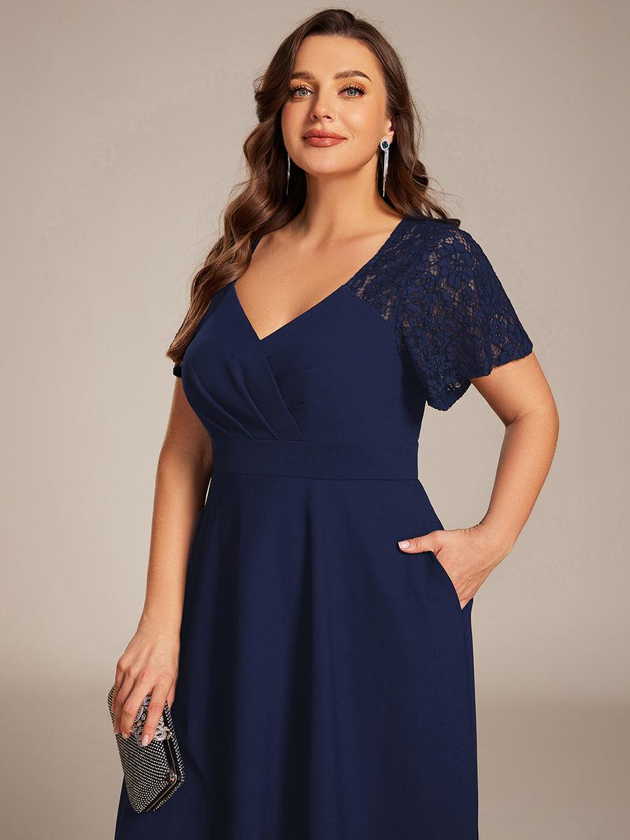Plus Size V-Neck Pleated Wedding Guest Dress with Pockets
