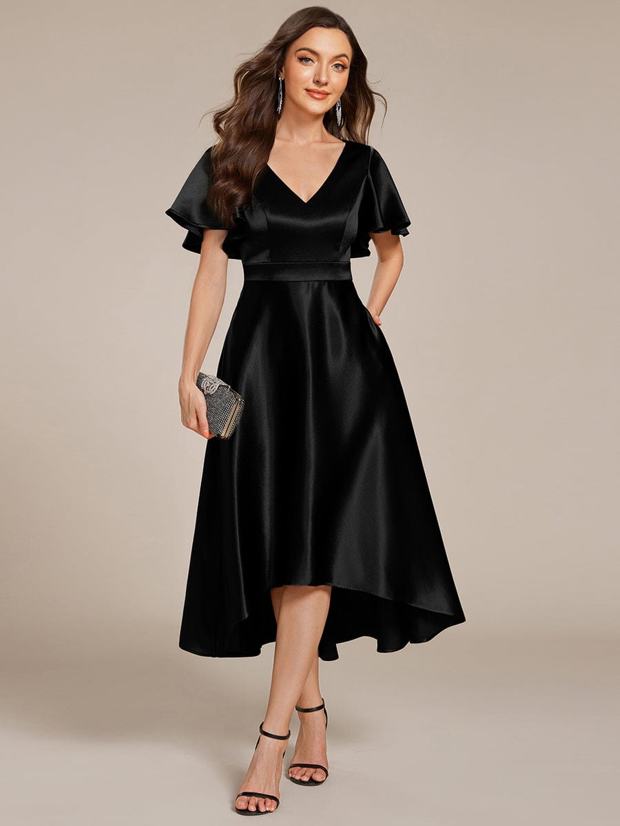 Glitter Satin A-Line Wedding Guest Dress with Short Sleeves