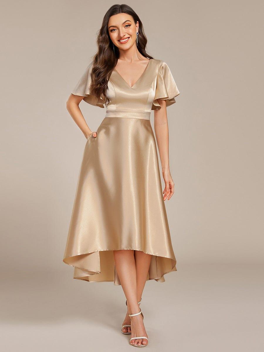 Glitter Satin A-Line Wedding Guest Dress with Short Sleeves