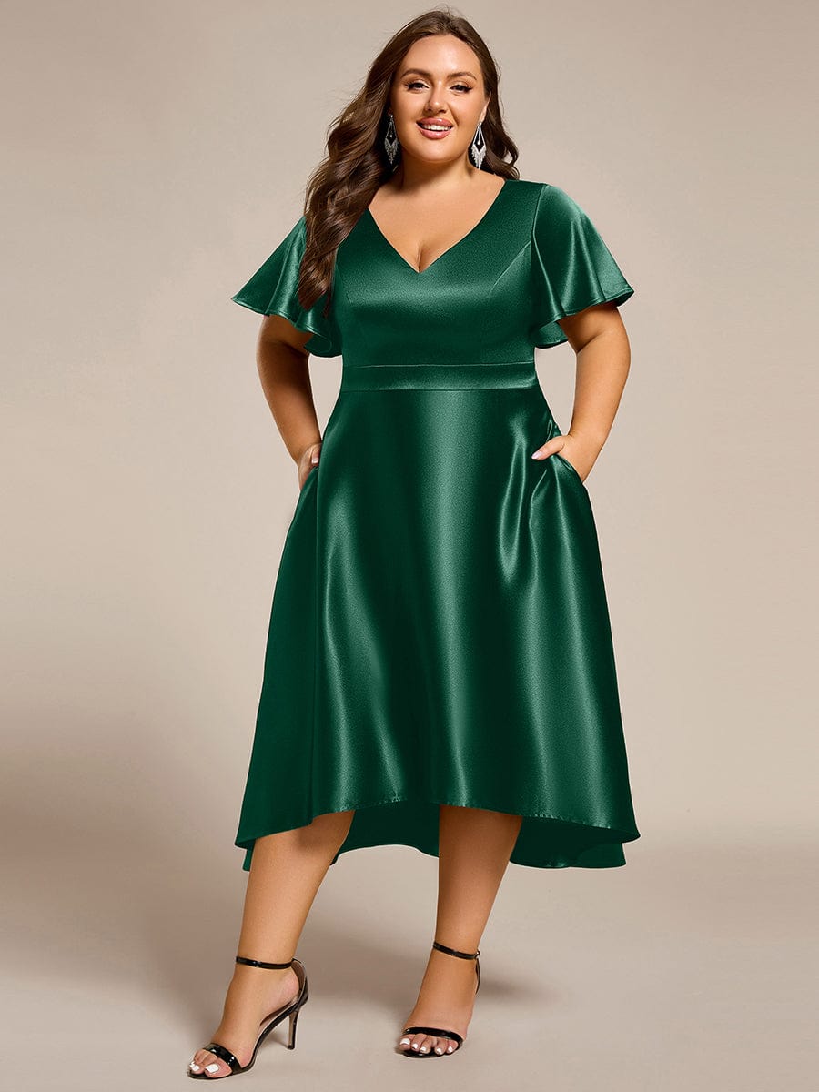 Glitter Satin A-Line Wedding Guest Dress with Short Sleeves