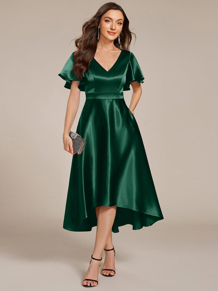 Glitter Satin A-Line Wedding Guest Dress with Short Sleeves
