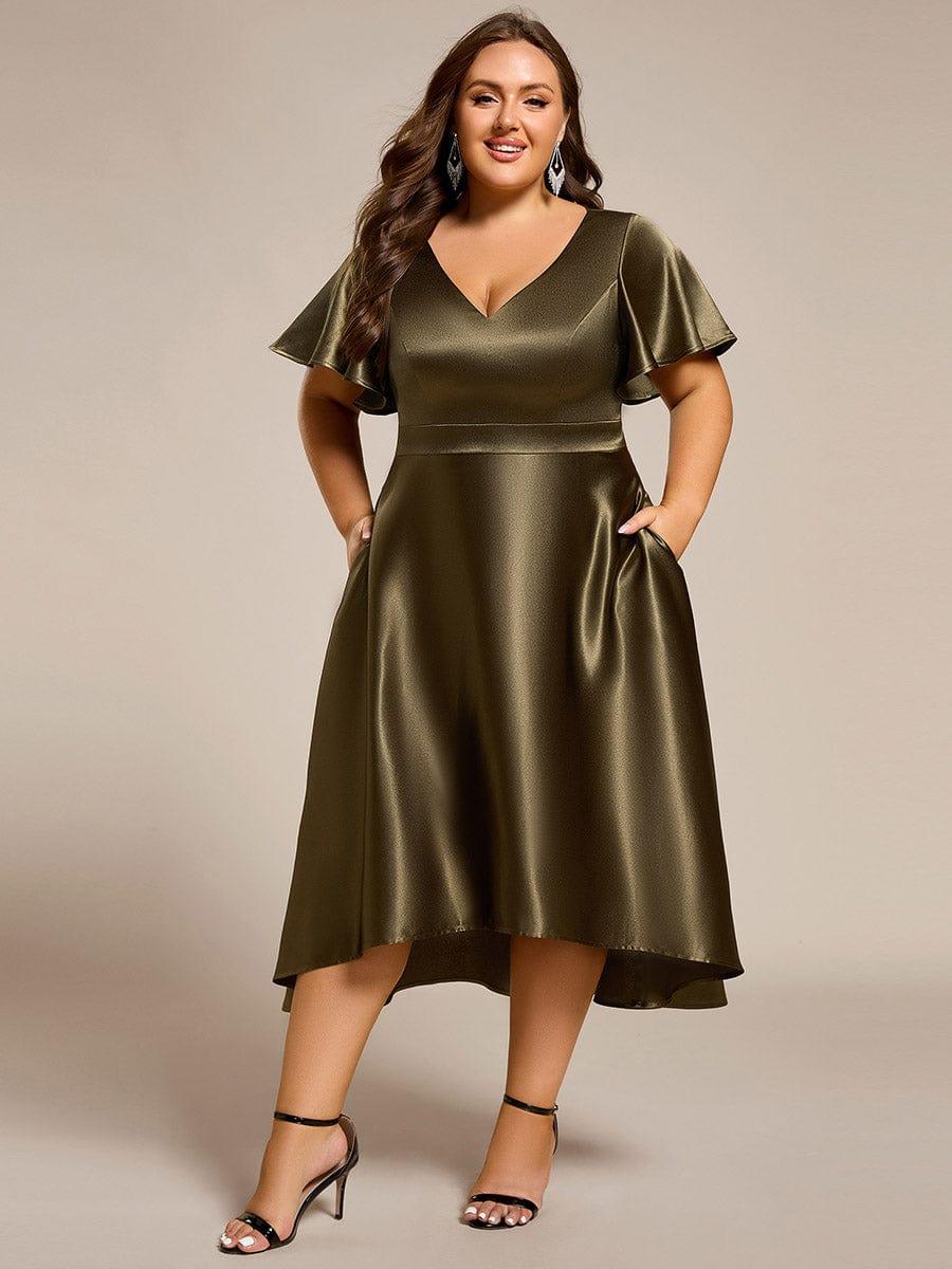 Glitter Satin A-Line Wedding Guest Dress with Short Sleeves