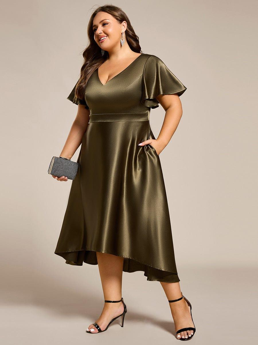 Plus Size Satin Wedding Guest Dress with Short Sleeves