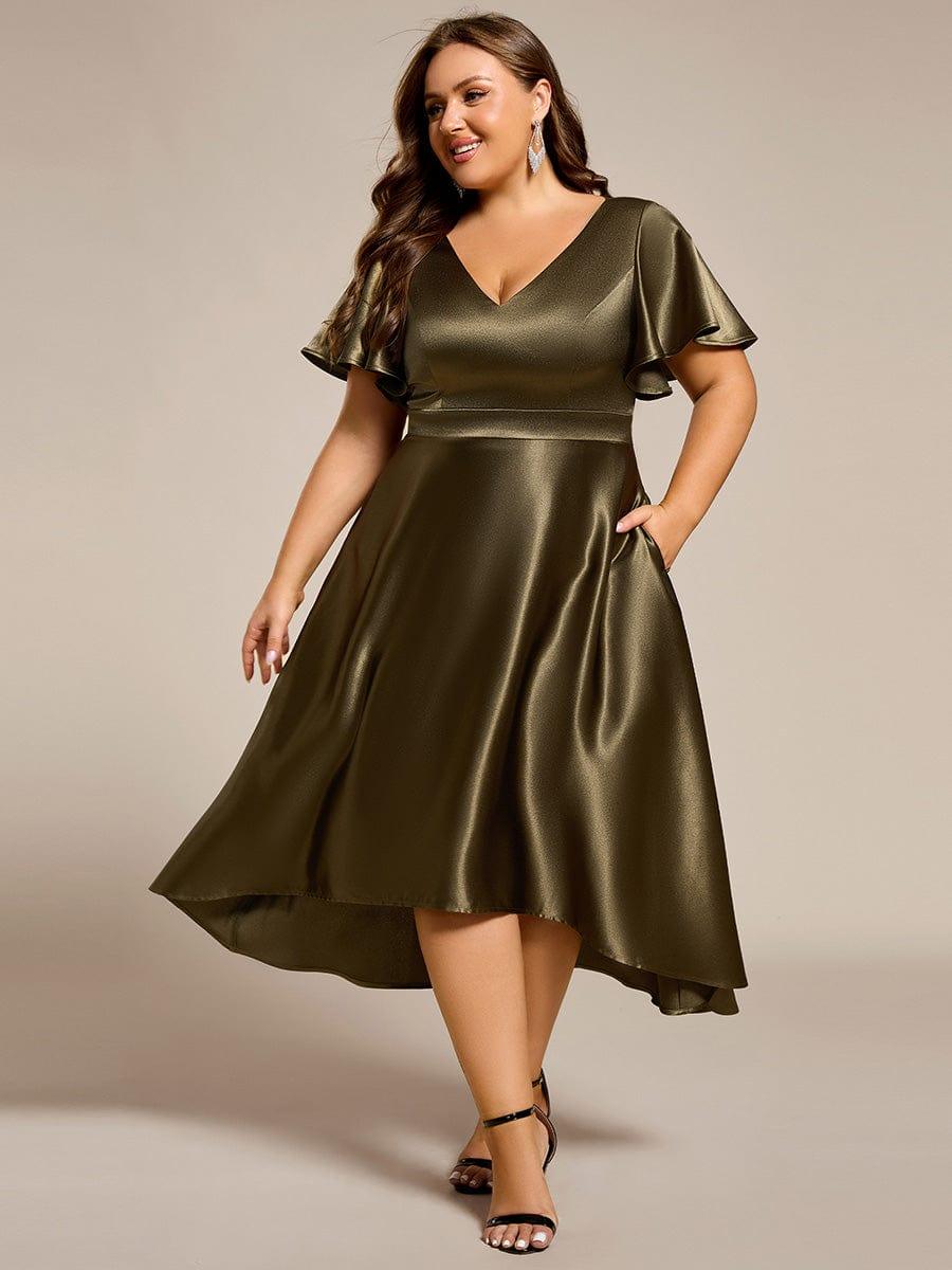 Plus Size Satin Wedding Guest Dress with Short Sleeves