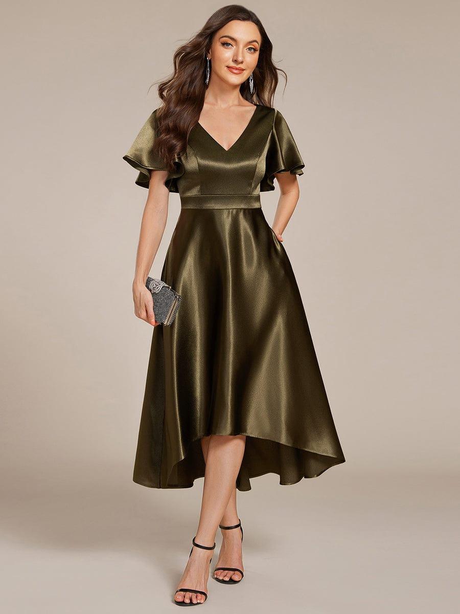 Glitter Satin A-Line Wedding Guest Dress with Short Sleeves