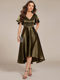 Glitter Satin A-Line Wedding Guest Dress with Short Sleeves