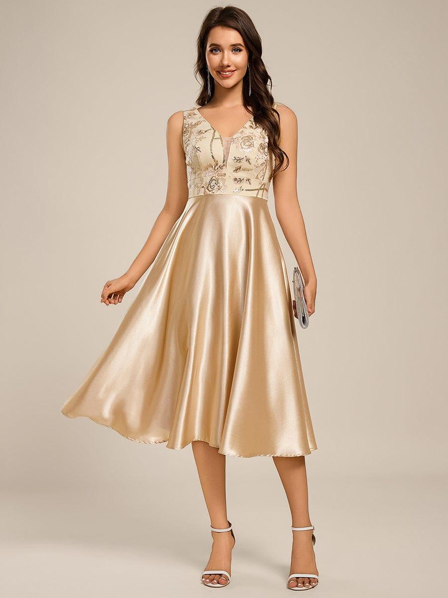 V-Neck Applique Midi Wedding Guest Dress with Pockets