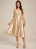 V-Neck Applique Midi Wedding Guest Dress with Pockets