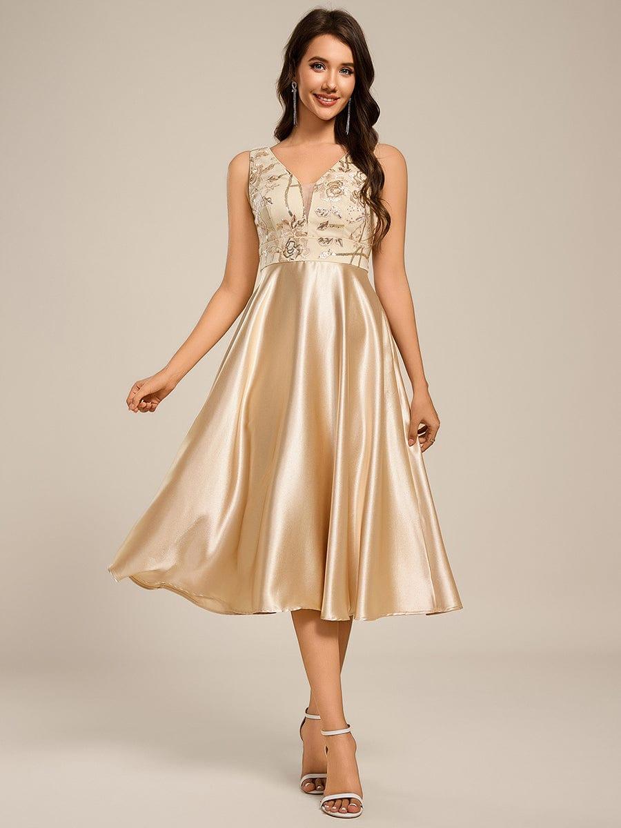 V-Neck Applique Midi Wedding Guest Dress with Pockets