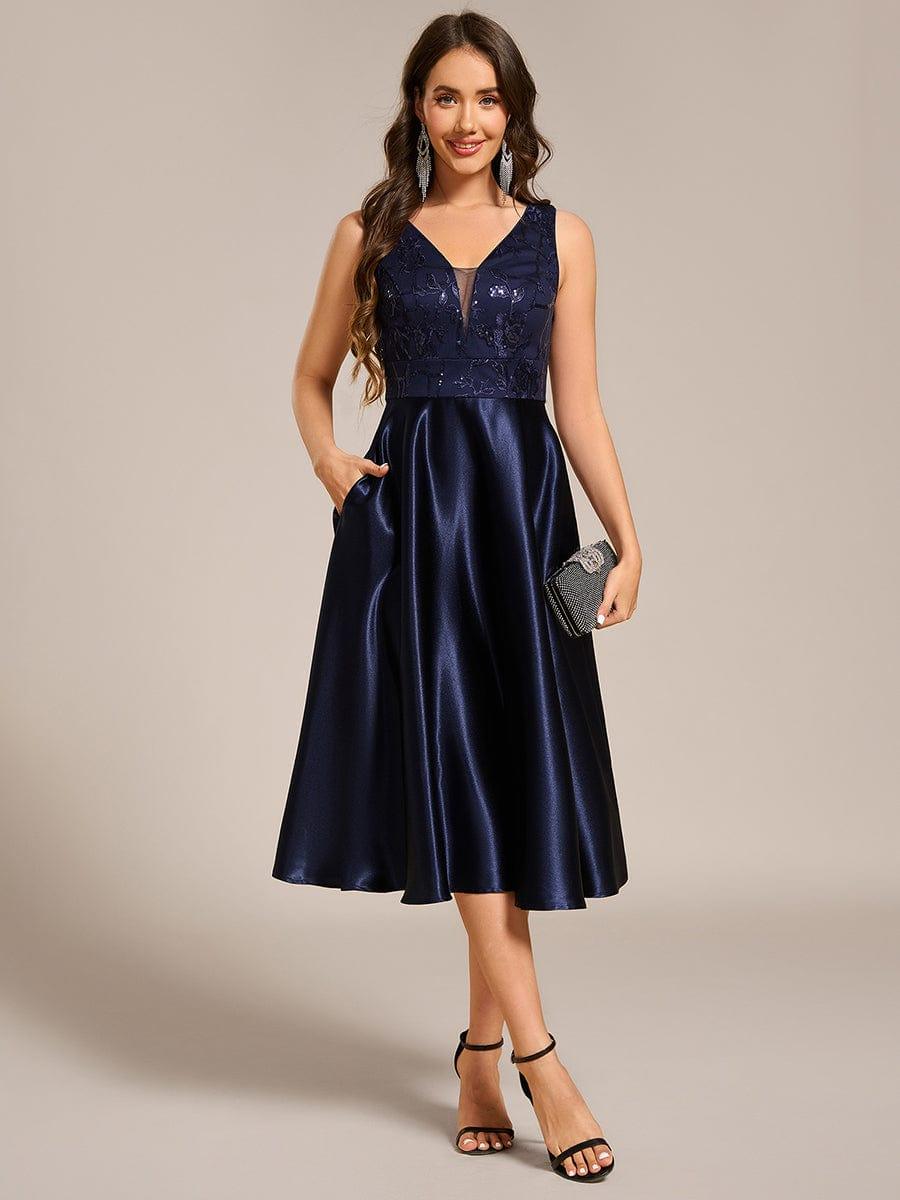 V-Neck Applique Midi Wedding Guest Dress with Pockets