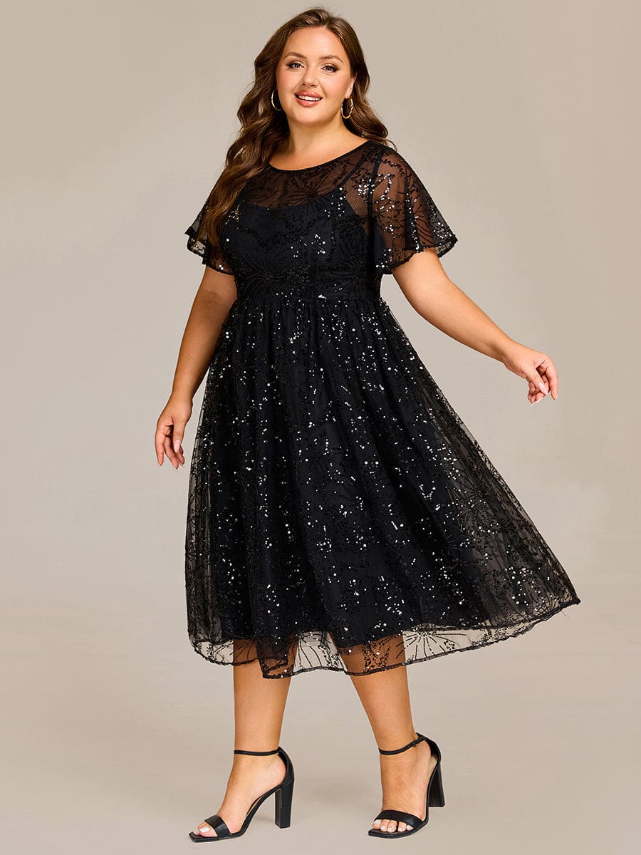 Plus Size Round Neck Sequin A-Line Wedding Guest Dress
