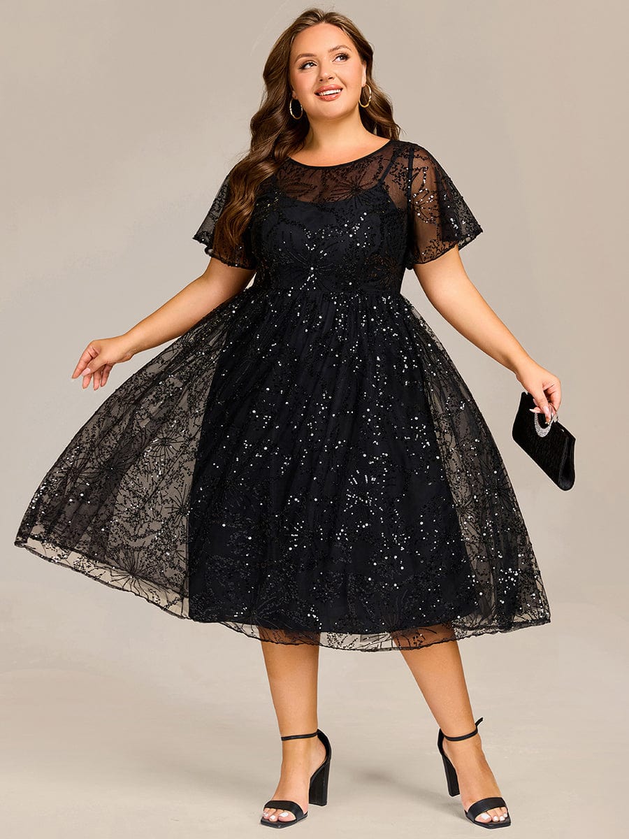 Plus Size Round Neck Sequin A-Line Wedding Guest Dress