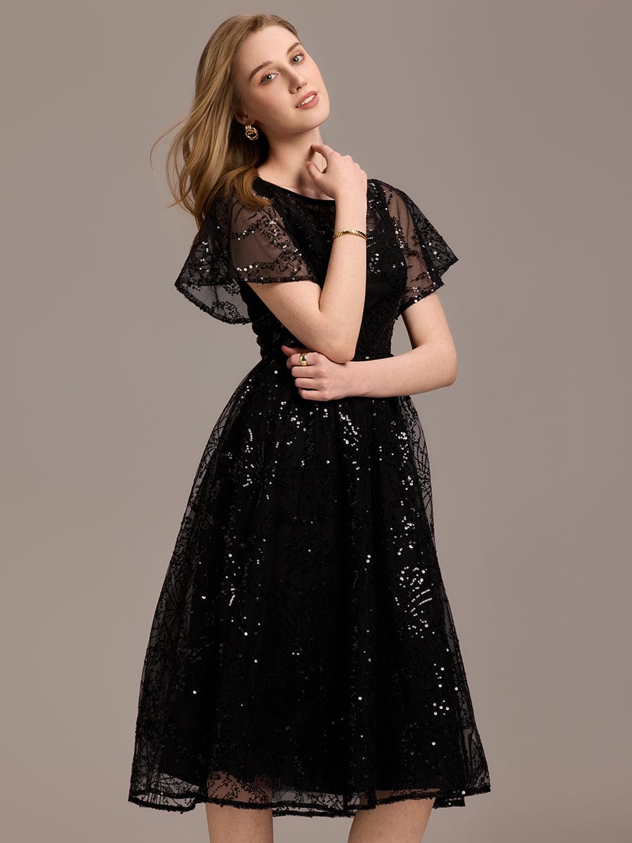 Glitter Sequin A-Line Midi Wedding Guest Dress