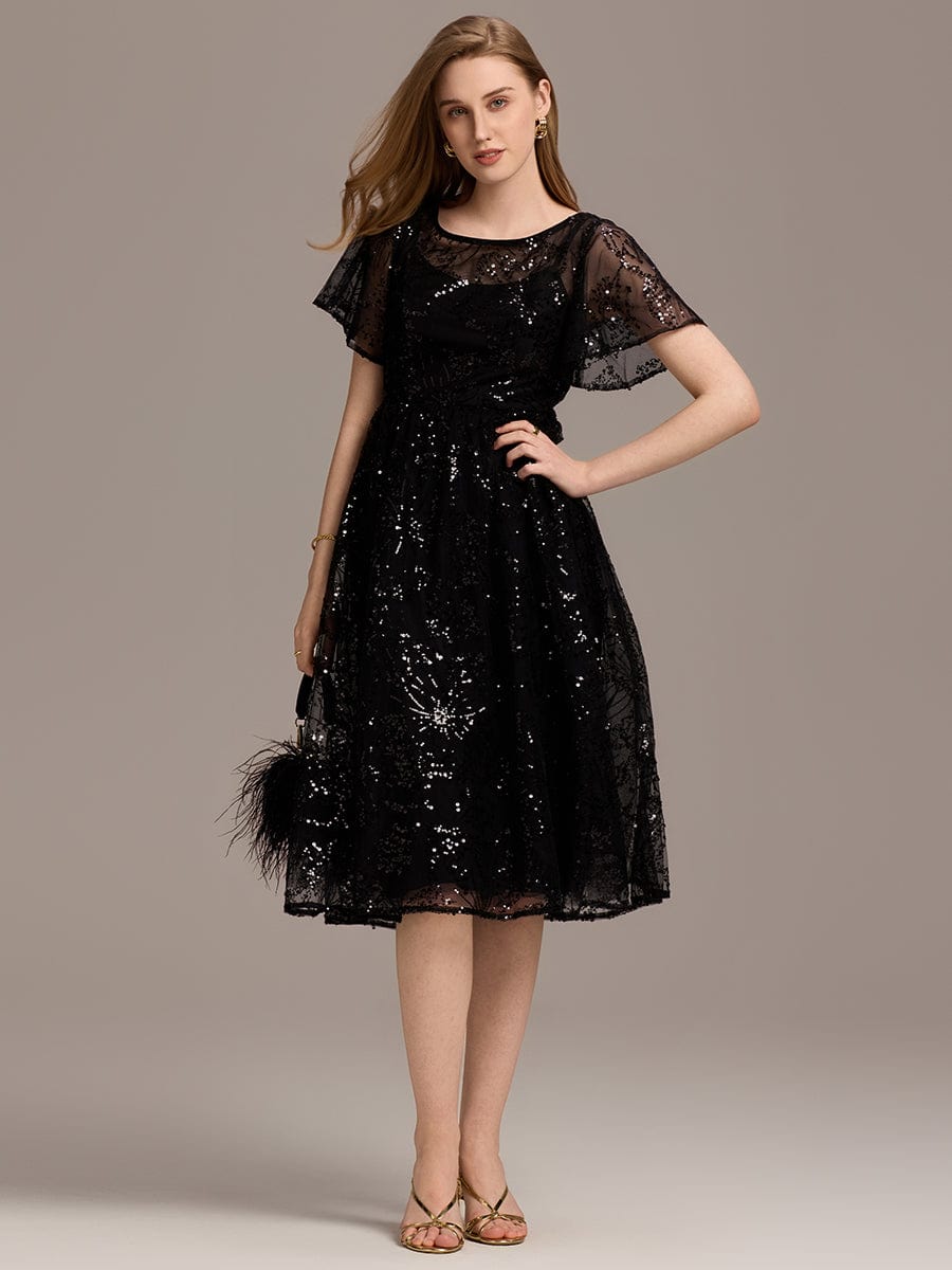 Glitter Sequin A-Line Midi Wedding Guest Dress