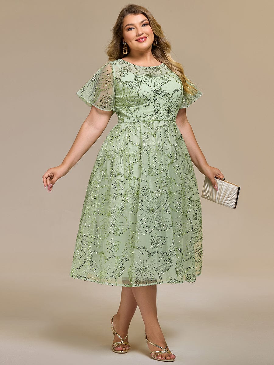 Plus Size Round Neck Sequin A-Line Wedding Guest Dress