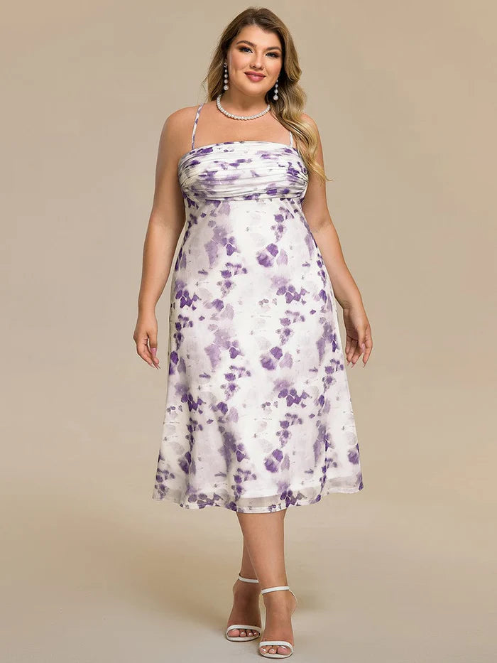 Spaghetti Straps Floral Print Pleated Wedding Guest Dress