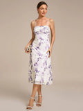 Spaghetti Straps Floral Print Pleated Wedding Guest Dress