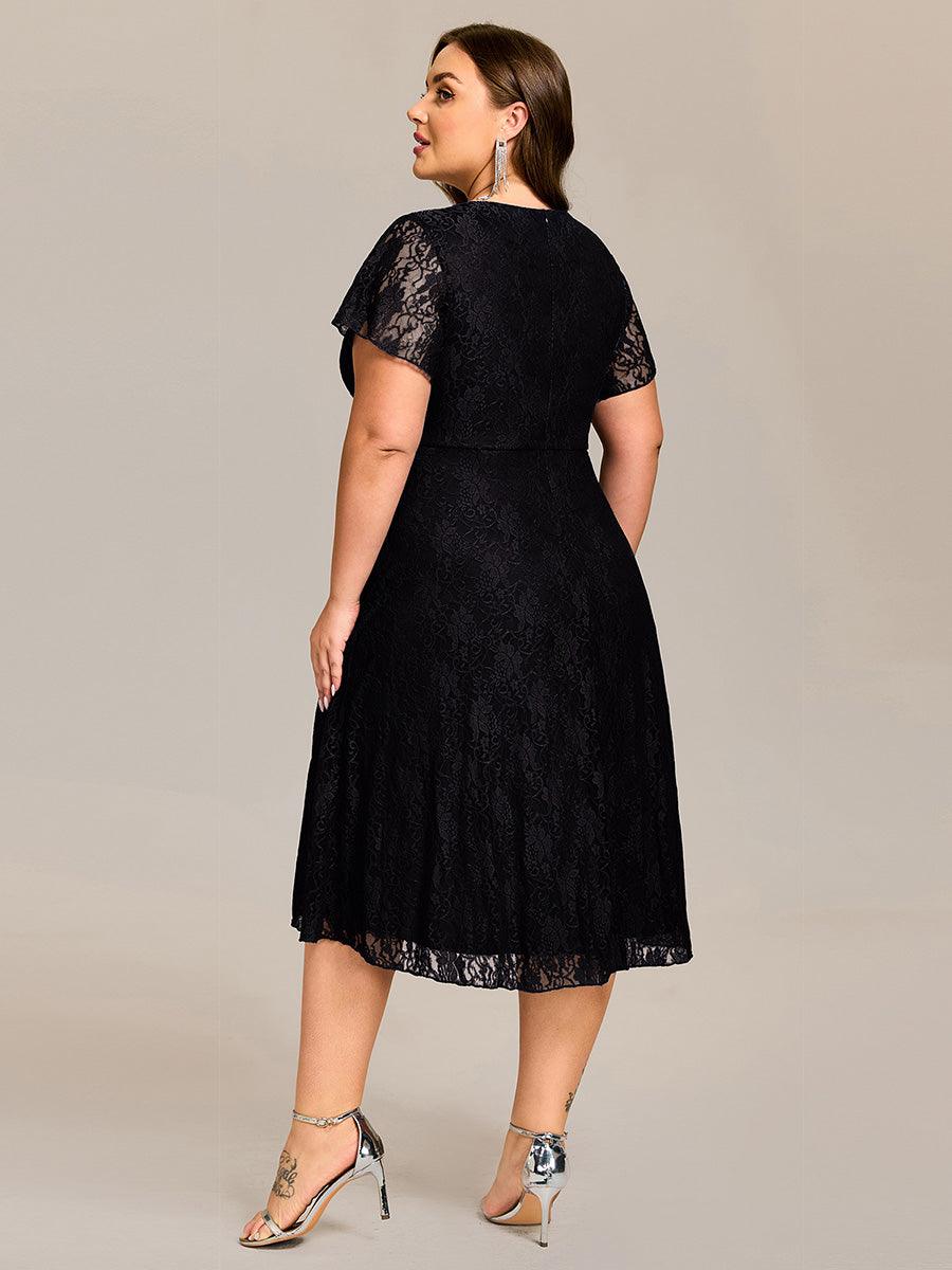 V-Neck Lace Midi Wedding Guest Dress with Short Sleeves