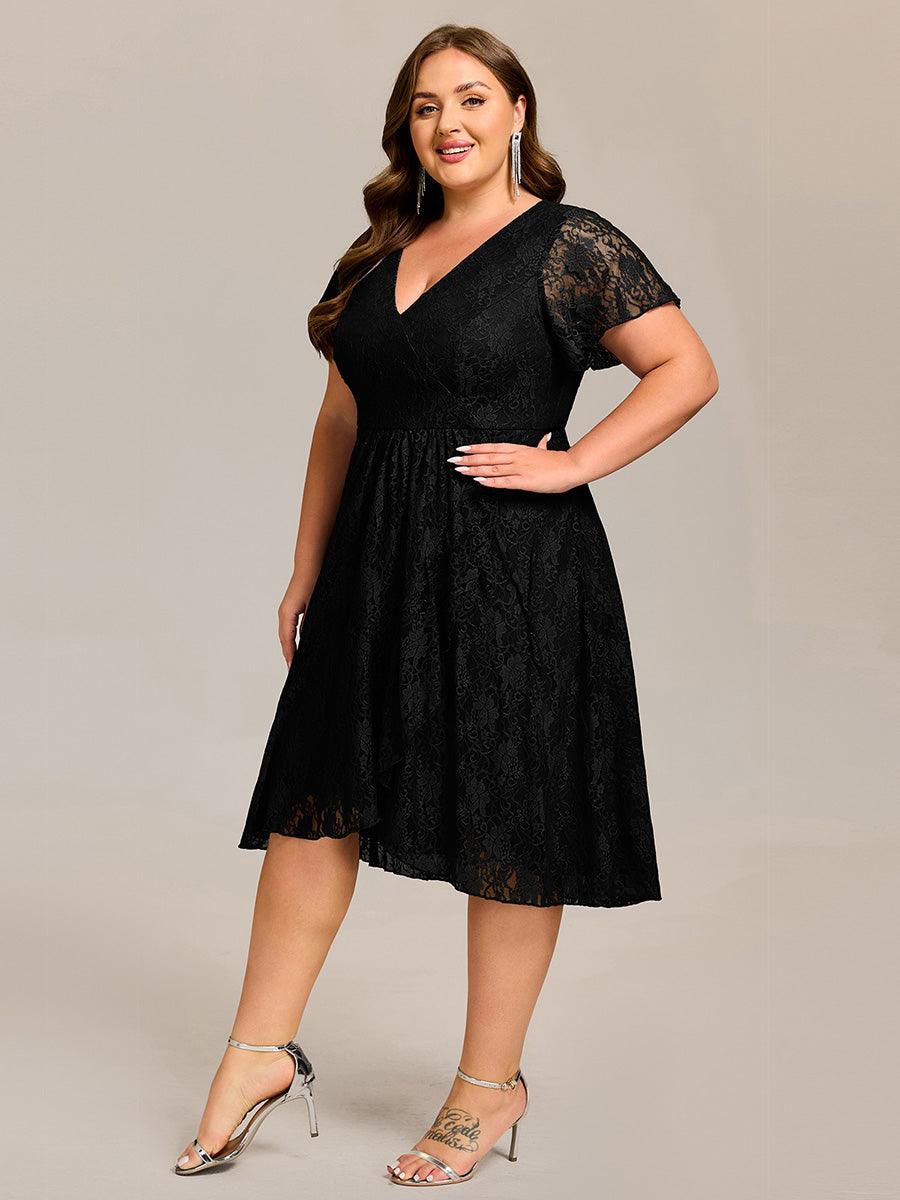 V-Neck Lace Midi Wedding Guest Dress with Short Sleeves