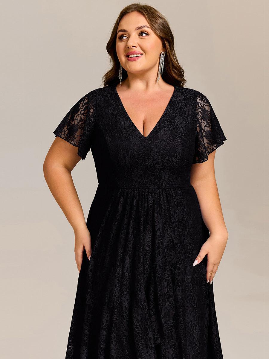 V-Neck Lace Midi Wedding Guest Dress with Short Sleeves