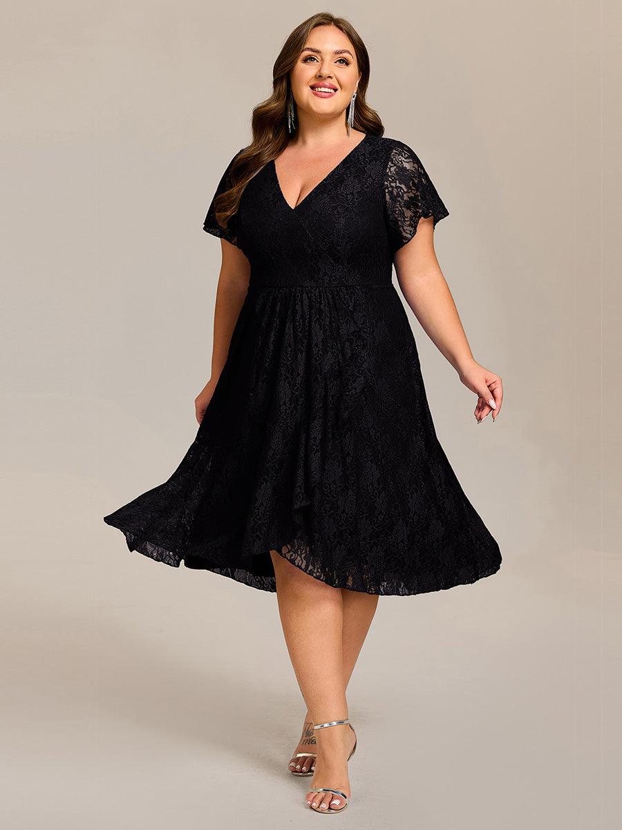 V-Neck Lace Midi Wedding Guest Dress with Short Sleeves