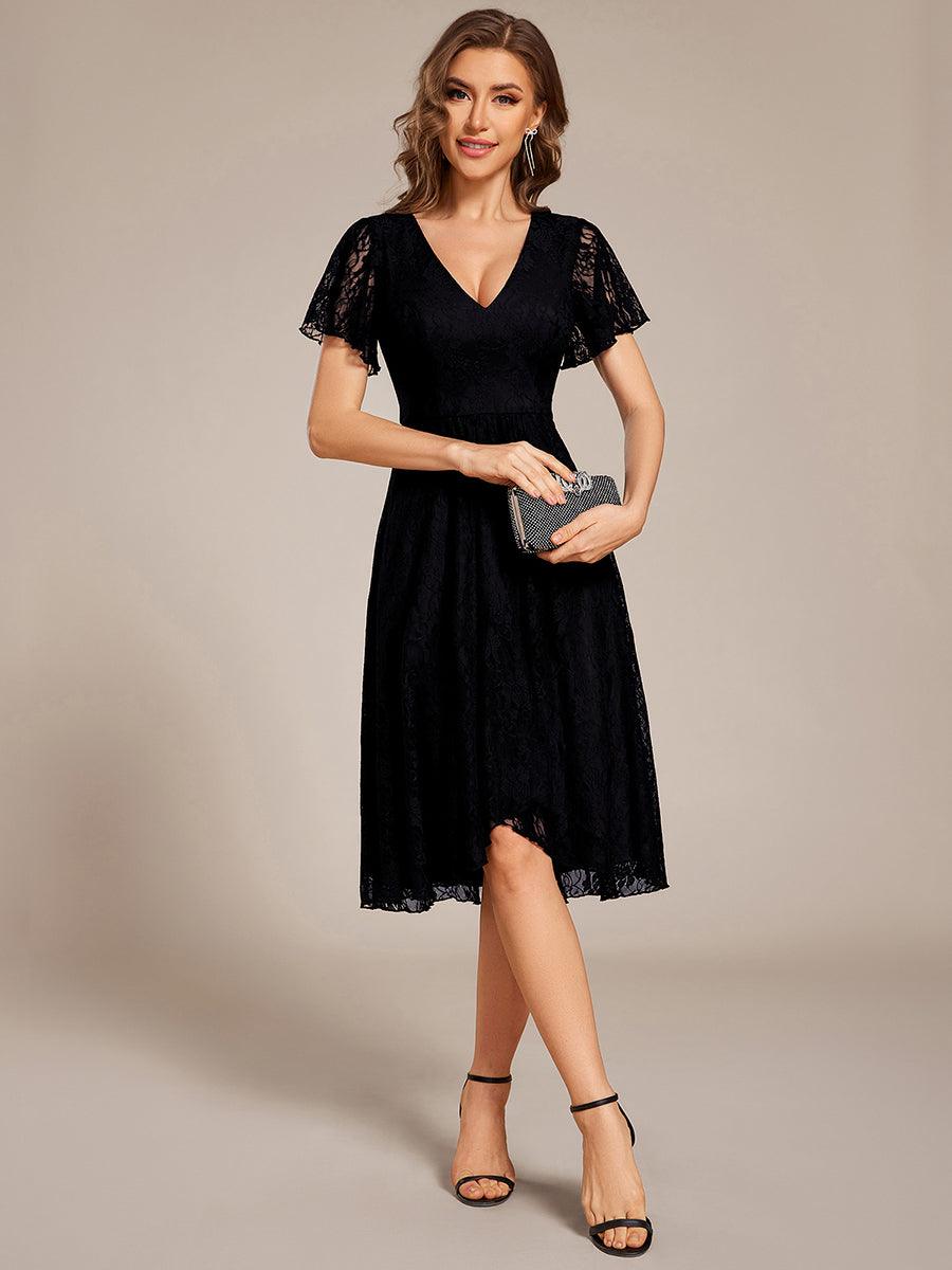 V-Neck Lace Midi Wedding Guest Dress with Short Sleeves