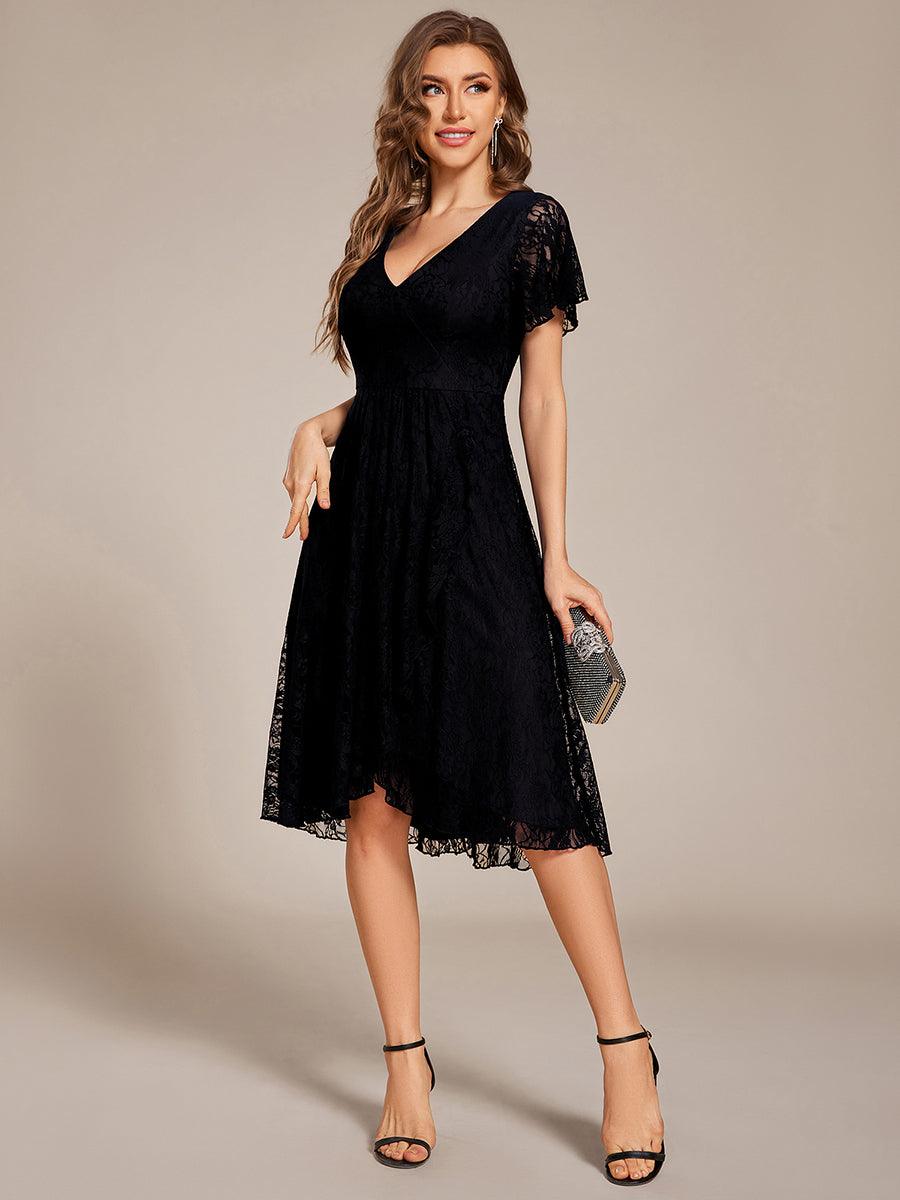 V-Neck Lace Midi Wedding Guest Dress with Short Sleeves