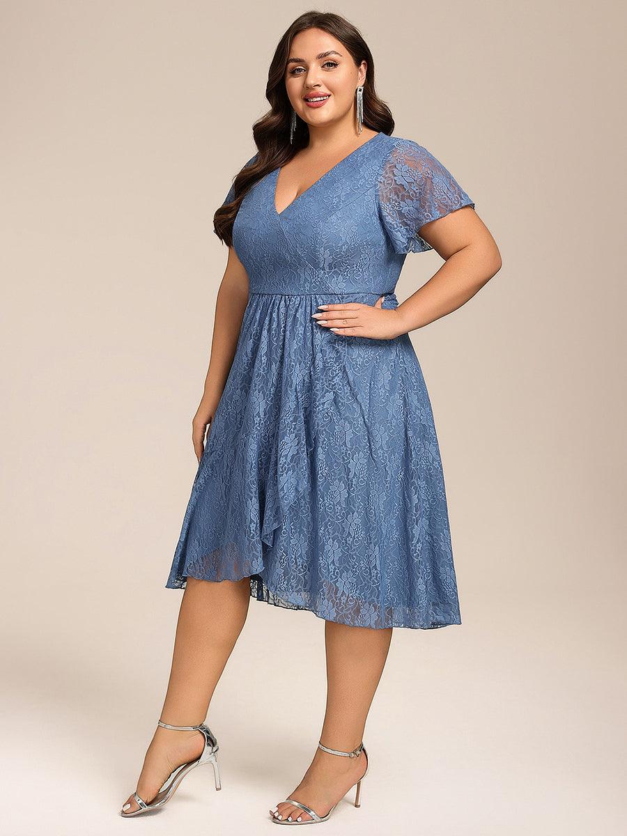 Plus Size Lace Midi Wedding Guest Dress with Short Sleeves