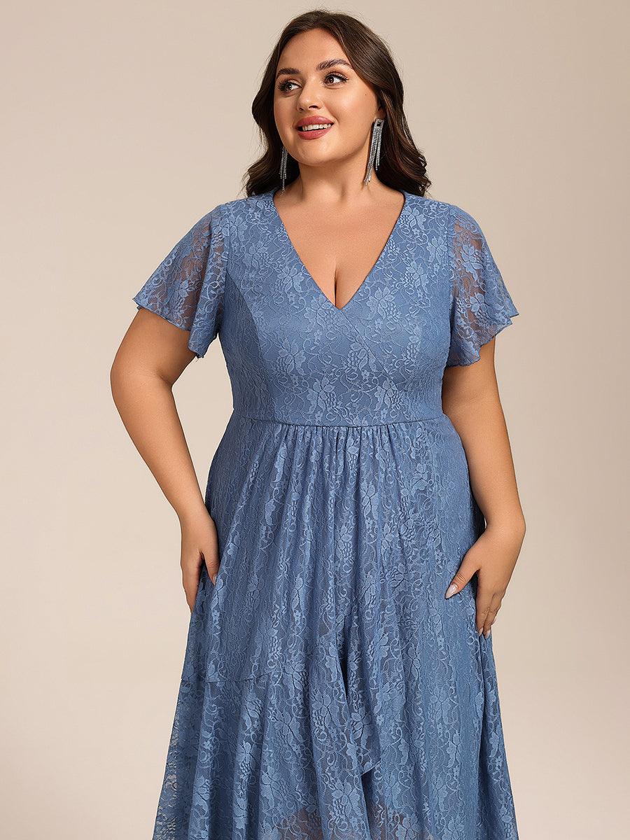 Plus Size Lace Midi Wedding Guest Dress with Short Sleeves