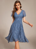 V-Neck Lace Midi Wedding Guest Dress with Short Sleeves