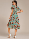 V-Neck Floral Print Midi A-Line Wedding Guest Dress