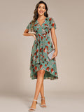 V-Neck Floral Print Midi A-Line Wedding Guest Dress