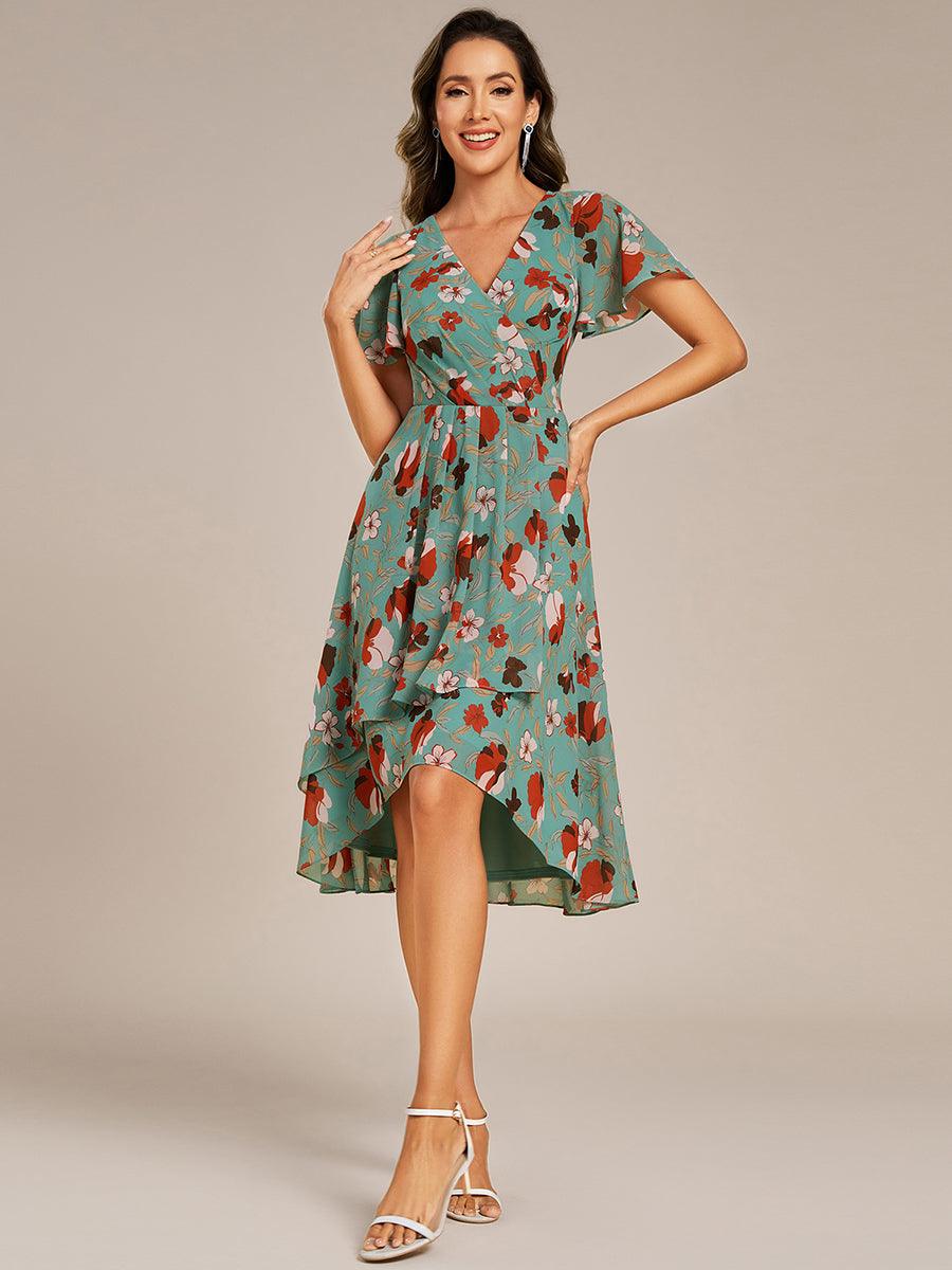 V-Neck Floral Print Midi A-Line Wedding Guest Dress