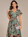V-Neck Floral Print Midi A-Line Wedding Guest Dress