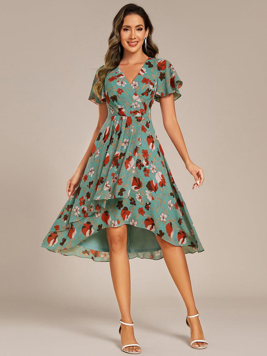 V-Neck Floral Print Midi A-Line Wedding Guest Dress