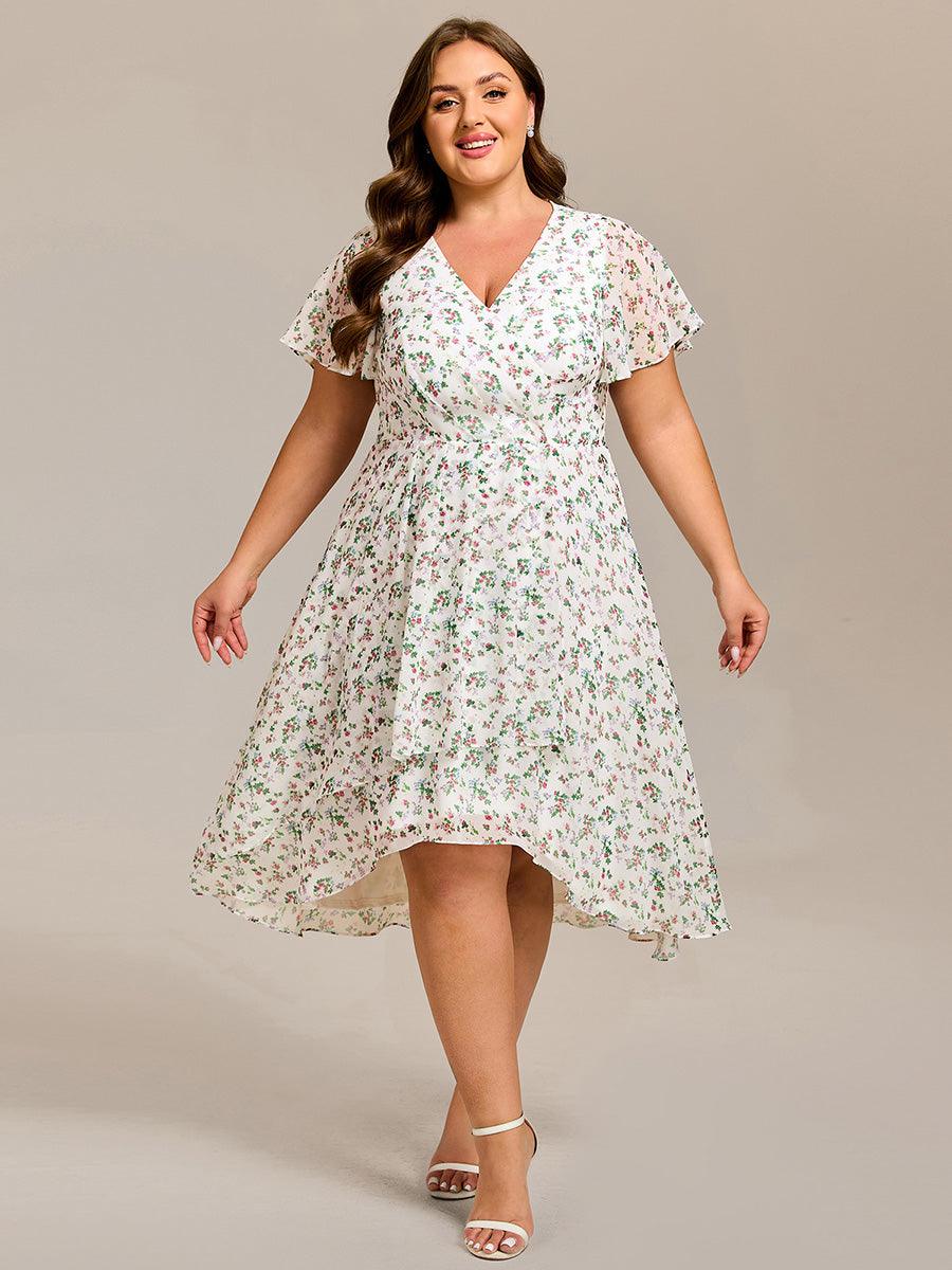 V-Neck Floral Print Midi A-Line Wedding Guest Dress