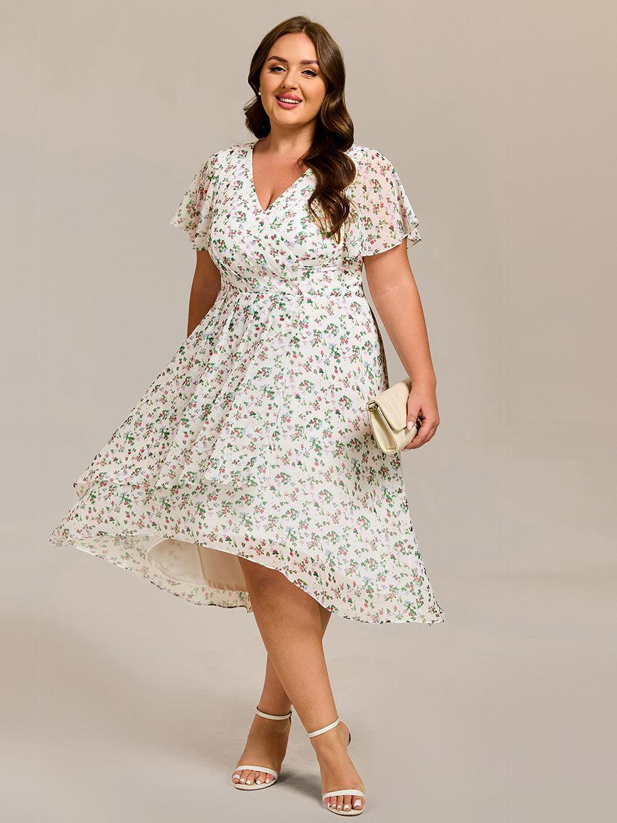 V-Neck Floral Print Midi A-Line Wedding Guest Dress