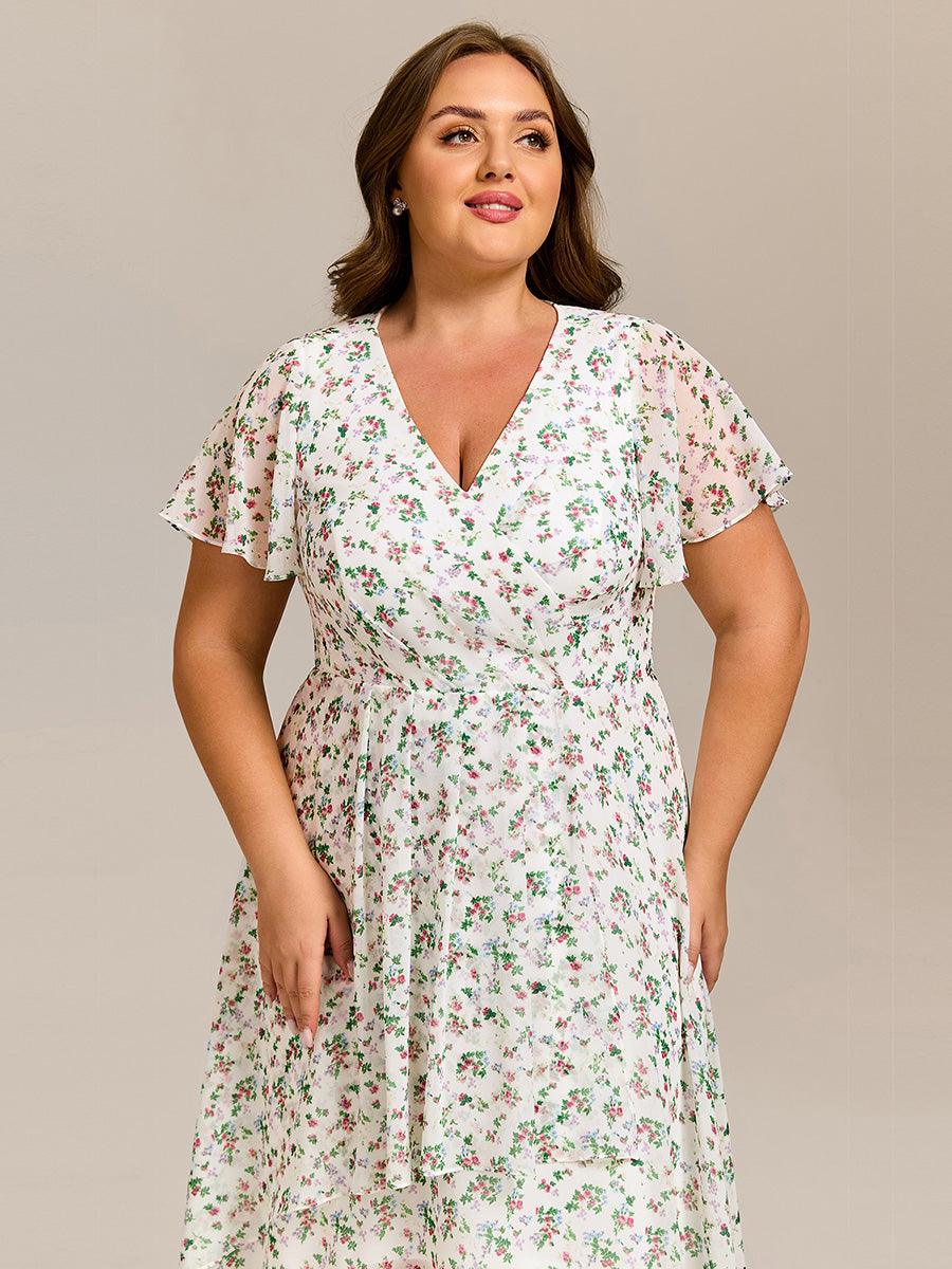 V-Neck Floral Print Midi A-Line Wedding Guest Dress