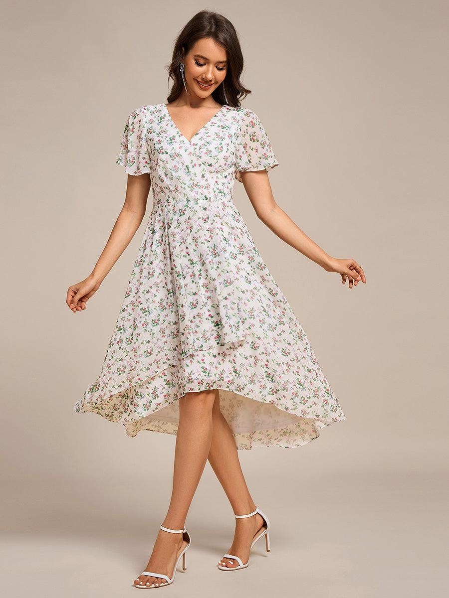 V-Neck Floral Print Midi A-Line Wedding Guest Dress