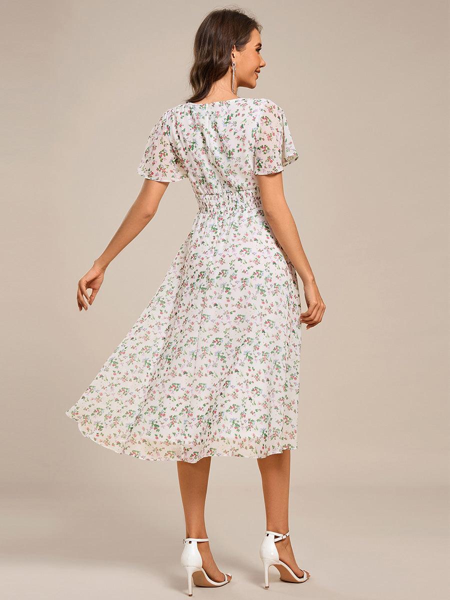 V-Neck Floral Print Midi A-Line Wedding Guest Dress