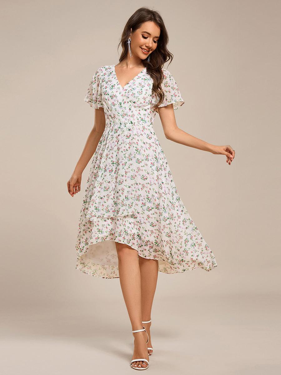 V-Neck Floral Print Midi A-Line Wedding Guest Dress