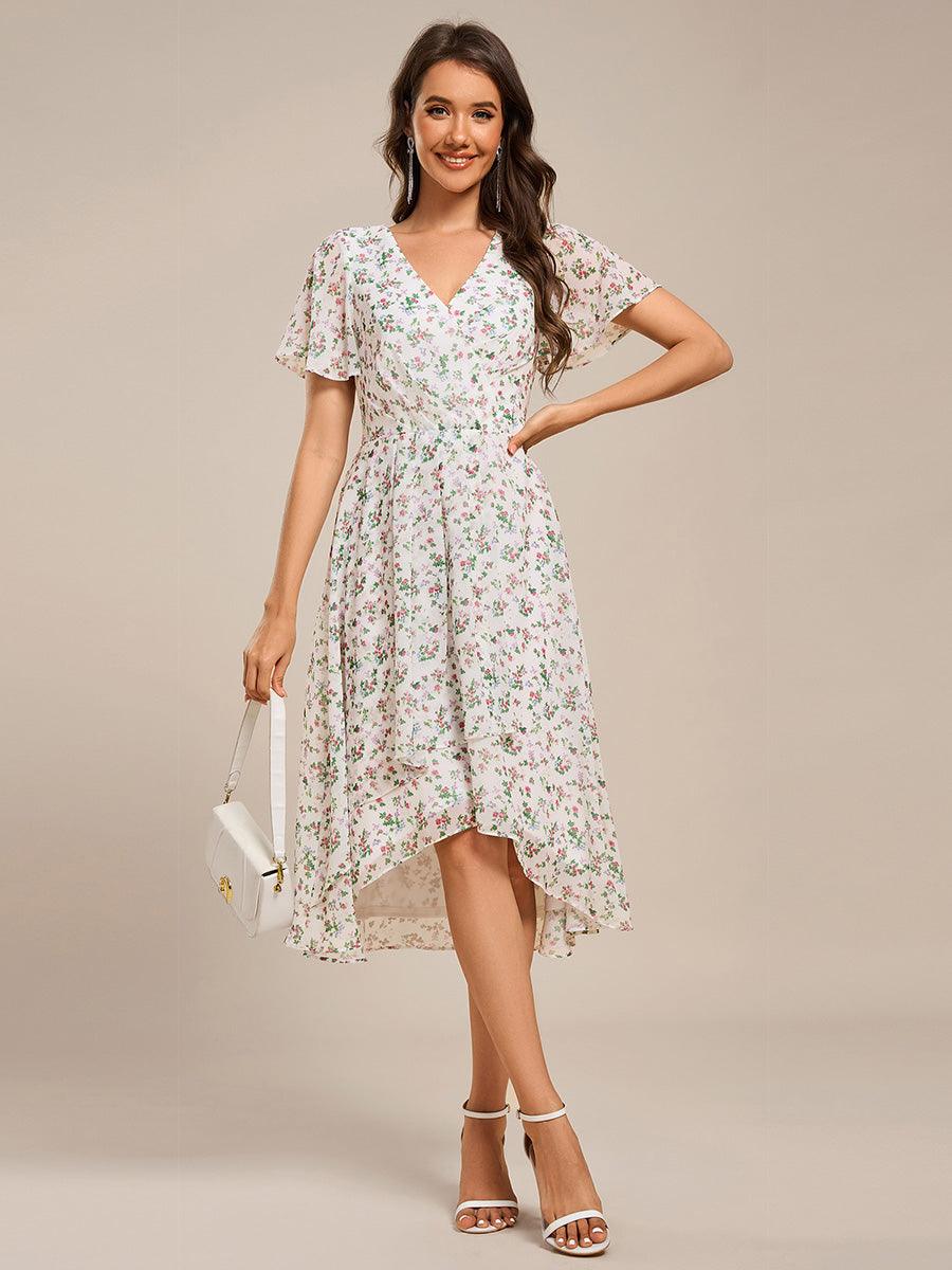 V-Neck Floral Print Midi A-Line Wedding Guest Dress