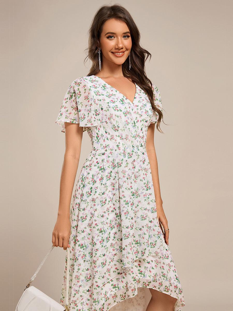V-Neck Floral Print Midi A-Line Wedding Guest Dress