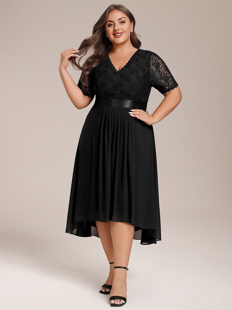 Plus Size V-Neck Lace Wedding Guest Dress with Half Sleeve