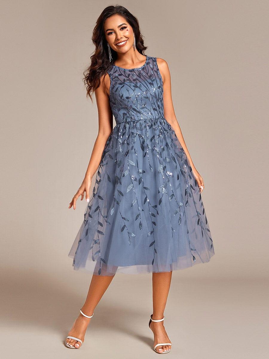Round Neck Sequin Applique A-Line Wedding Guest Dress