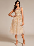 Round Neck Sequin Applique A-Line Wedding Guest Dress