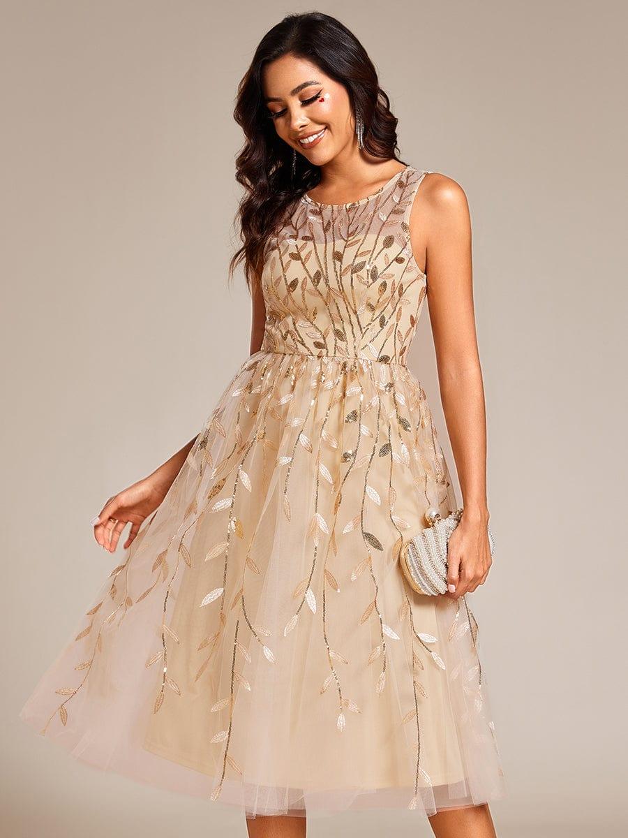 Round Neck Sequin Applique A-Line Wedding Guest Dress