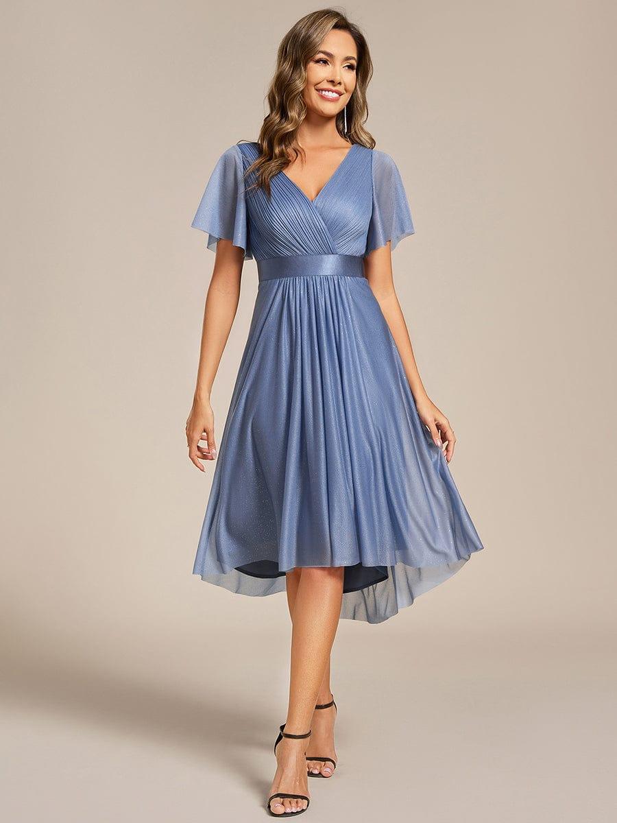 Glitter V-Neck Ruched A-Line Midi Wedding Guest Dress