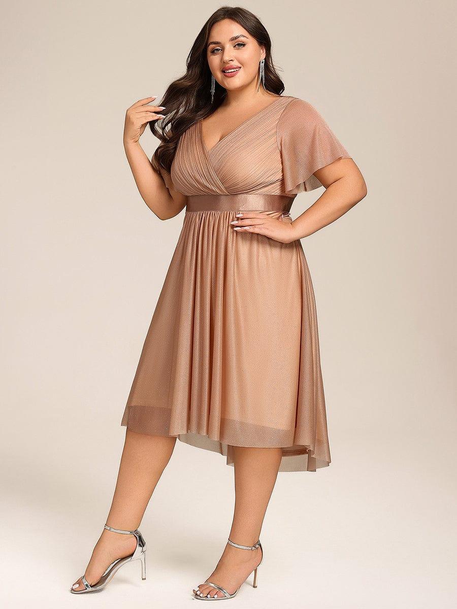Glitter V-Neck Ruched A-Line Midi Wedding Guest Dress