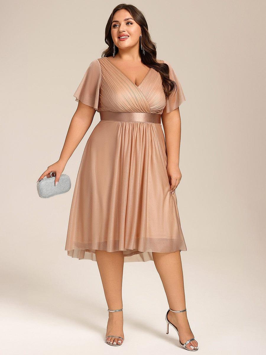 Glitter V-Neck Ruched A-Line Midi Wedding Guest Dress